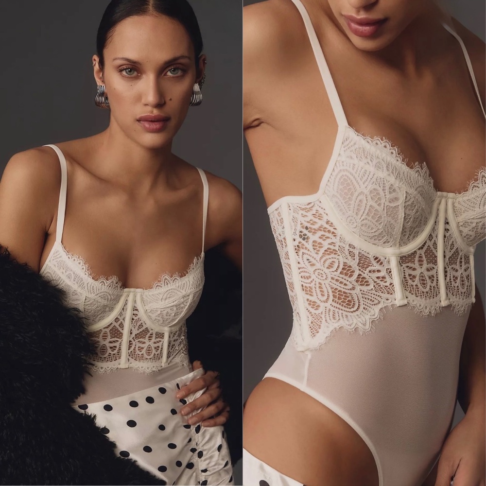 Anthropologie Hourglass Lace Bodysuit White Ivory Size L